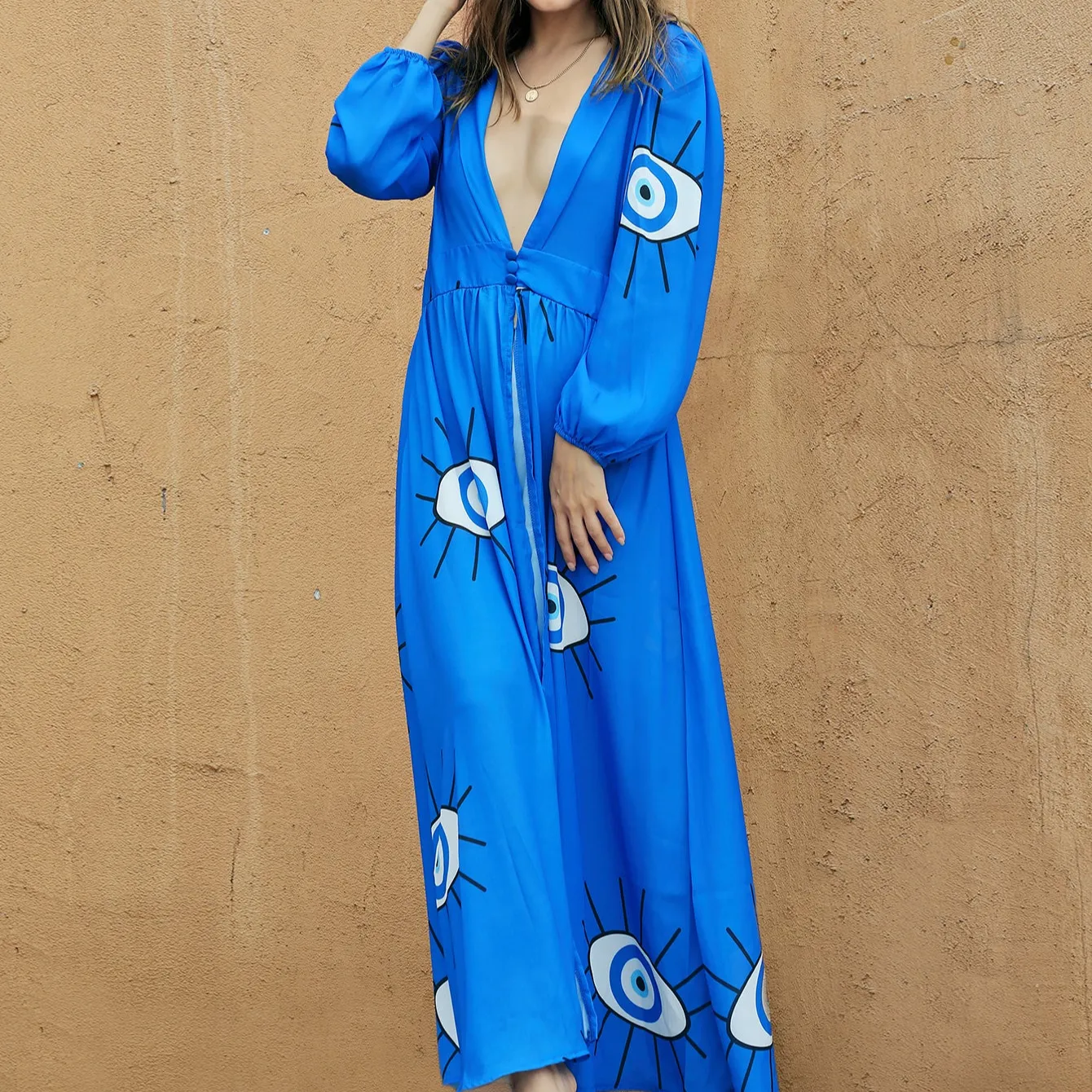 VIETNAM SUPPLIER FACTORY MADE OEM ODM CLOTHING WHOLESALE WOMEN'S BLUE EYES CHIFFON BEACH DRESS