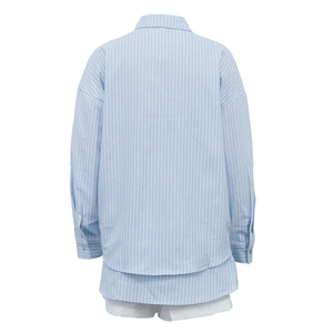 Ensemble deux pièces rayé pour femme, chemise à manches longues, short taille haute, coupe ample, coton respirant, tenue décontractée printemps-été - Product Image 6