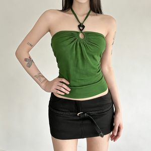 Vintage Dark Green Sexy Cut Out Wooden Button Design Halter Top Summer Vacation Slim Fit Versatile Open Back Top - Product Image 5