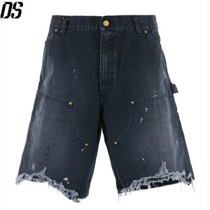 Shorts de Mezclilla Deslavada Negra al por Mayor, Shorts de Mezclilla Desgastada con Doble Rodillera Estilo Carpintero, Shorts para Hombre con Salpicaduras de Pintura, Ropa Urbana, Jorts - Product Image 1