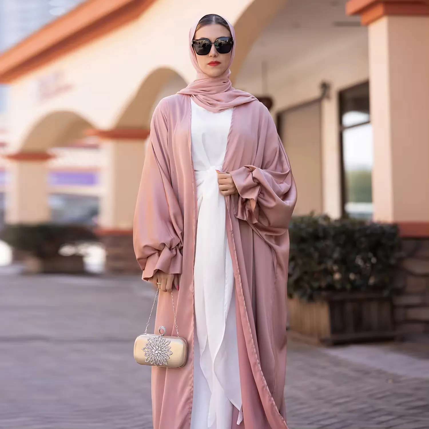 2024 Drop Shipping Islamic Womens Clothing Arabic Modest Dress Plain Open Abaya Flower Sleeve Satin Muslim Abaya Cardigan