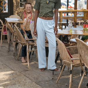 Pantalon large en coton Oxford rayé bleu clair pour femme, coupe décontractée, taille mi-haute élastique, longueur complète, respirant, idéal pour le printemps - Product Image 2
