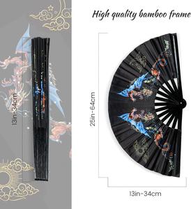 Éventail pliant traditionnel de la Fête Renaissance, du Nouvel An Chinois et d'Halloween, réactif aux UV, avec baleines en bambou et tissu, 33 cm, effet lumineux sous lumière noire - Product Image 2