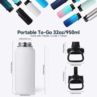 Lot de 32 oz Gobelets de sport portables en acier inoxydable à double paroi, blancs, droits, vierges, avec poignée noire, pour sublimation, pour la maison et les cadeaux