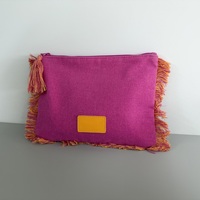 Pochette de maquillage en toile rose à franges pour femme, pochette cosmétique bohème à fermeture éclair avec tirette à pompon et doublure intérieure pour les fêtes