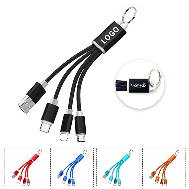 Custom Logo Gravure Printed Durable 3-in-1 Keychain USB Charger Mobile Phone Charging Cable for Promotion