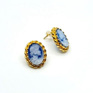 Boucles d'oreilles clous Heizun rétro en <span class=keywords><strong>argent</strong></span> sterling 925 plaqué or 18 carats avec serti clos, forme ovale, pierre bleue, agate et <span class=keywords><strong>camée</strong></span> pour femme - Product Image 4