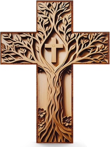 Croce <span class=keywords><strong>Albero</strong></span> <span class=keywords><strong>della</strong></span> <span class=keywords><strong>Vita</strong></span> <span class=keywords><strong>da</strong></span> Appendere, Croce Cristiana in Legno con Rilievo a Rami in Rilievo, Decorazione Rustica in Legno Tonalità Oro per Casa e Chiesa - Product Image 2