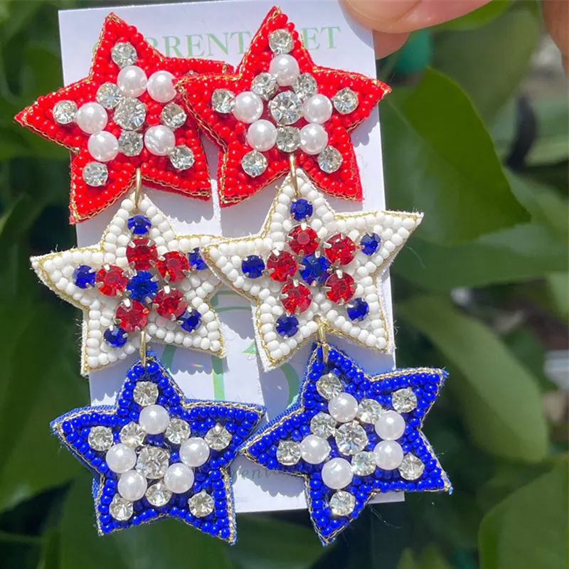 Perhiasan kustom anting-anting bendera berbentuk hati bintang buatan tangan nasional anting-anting manik-manik biji Hari Kemerdekaan Amerika pantai