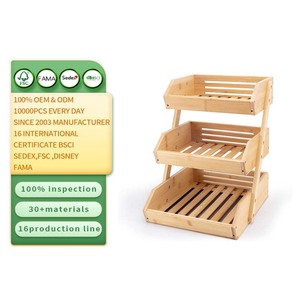 Panier <span class=keywords><strong>à</strong></span> fruits en bois avec 3 étages, présentoir de boîte de rangement de comptoir de cuisine, panier de rangement de collation de pain de légumes de ménage. - Product Image 1