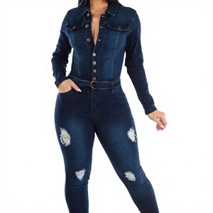 Best Selling Sexy Vintage Streetwear Elasticity Denim <b>Jumpsuit</b> <b>with</b> Hole Design Blue Belt Washed Finish for Women - Product Image 2