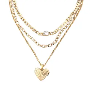 Wholesale jewelry multi chain crystal gemstone heart 18k gold plated pendant necklace for women