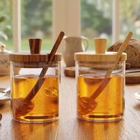 Tarro de miel de vidrio de borosilicato de 450 ml con tapa de madera de acacia y cucharón de madera, dispensador de jarabe sin plástico y sin BPA, set de regalo ecológico