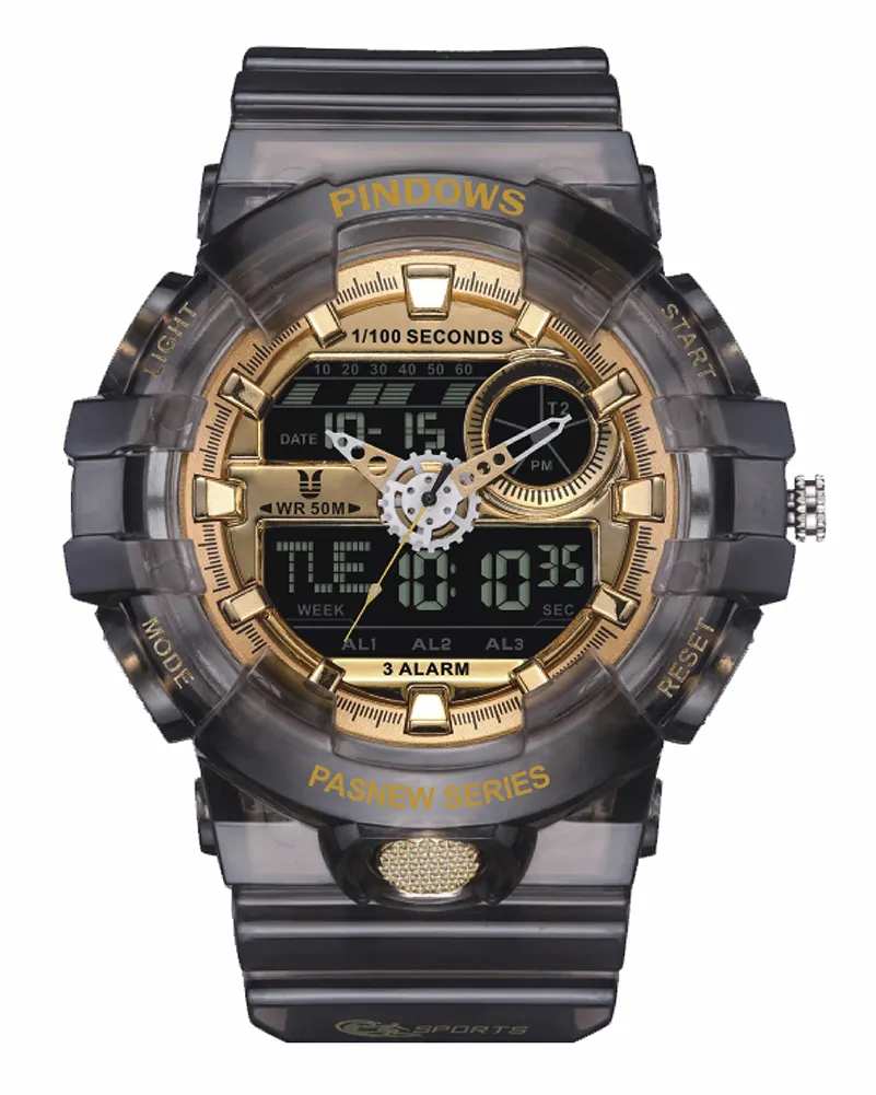 PINDOWS Nuevo precio atractivo Reloj digital analógico Reloj deportivo para hombre Moda Negro Impermeable 5ATM Reloj digital Plástico para hombres