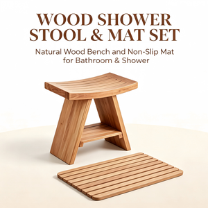 2 Pieces Solid Teak Shower Set <strong>Curved</strong> Shower Stool with Storage Shelf +Square Slatted <strong>Bath</strong> <strong>Mat</strong> - Product Image 3