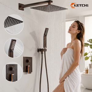 Système de <span class=keywords><strong>douche</strong></span> contemporain <span class=keywords><strong>en</strong></span> laiton noir mat avec douchette carrée à effet pluie et commande à levier avec bouton inverseur - Product Image 1