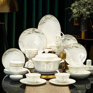 Горячая распродажа, набор посуды с мраморным золотым ободом, фарфоровая керамическая посуда