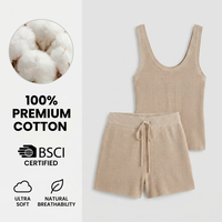 Ensemble deux pièces en coton côtelé 100 % premium pour femme – Débardeur minimaliste à col rond et short à cordon de serrage – Tenue décontractée douce