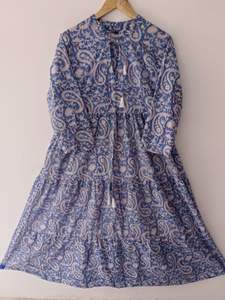 Alta calidad 100% algodón bloque Floral impreso mujer cuello en V manga larga encaje hasta la rodilla Casual fiesta desgaste estilo indio Natural - Product Image 3