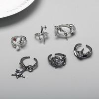 Grosir 6 Model Cincin Y2K Bintang Bulan yang Dapat Disesuaikan, Cincin Gothic Punk Perak Hitam untuk Perhiasan Estetik, Hadiah Grosir