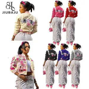 In Stock 2023 Fashion Baseball Jacket Women Print Pink Coat Varsity Jacket For Spring