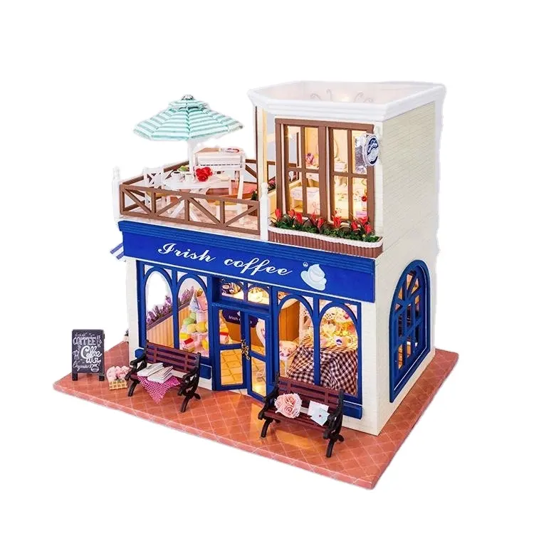 Dollhouse miniatur kayu kerajinan rumah buatan tangan DIY mini dengan cahaya