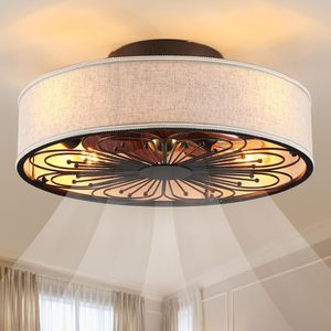 Ventilateur <span class=keywords><strong>de</strong></span> plafond DC à profil bas <span class=keywords><strong>de</strong></span> 20 pouces avec lumière, abat-jour en tissu style bohème, design en cage, E26/E27 - Product Image 1