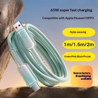 Kabel Data Nilon Berlapis Kristal Es 65W Pengisian Daya Super Cepat PD 27W Kompatibel Android untuk Tipe-C
