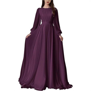 Robe de mariée élégante coupe trapèze, col rond, manches longues, couleur unie, robe de soirée pour femme, tissu polyester bleu - Product Image 4
