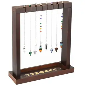 custom Moon Phase Pendulum Display Stand with Tray, Wood Wiccan Crystal Rack Witch Organizer for Incense Necklace Stone