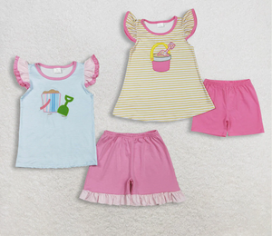ชุดเสื้อผ้าเด็กผู้หญิงลายปักลายชายหาดพร้อมกางเกงขาสั้นระบาย - Product Image 1