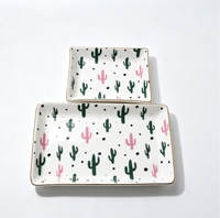 Assiette rectangulaire blanche en céramique, design populaire, bord doré, motif cactus, écologique et recyclable, pour hôtels et restaurants