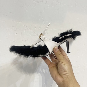 Low Heels Women <b>Clip</b> Toe Fluffy Fur Slides Dress on Metal Decor Thong Sandals Fashion Summer Slippers Shoes Size 43 - Product Image 3