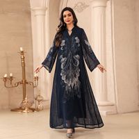 Elegante Islamische Abaya Muslimisches Abendkleid Traditionelles Polyester-Kleid mit Pailletten Paisley-Muster Langarm Knöchellang Locker Geschnitten FK086