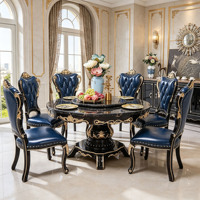 Ensemble de table à manger ronde de luxe en bois massif de style européen avec plateau en marbre noir et chaises en cuir PU avec plateau tournant pour villa, vente en gros