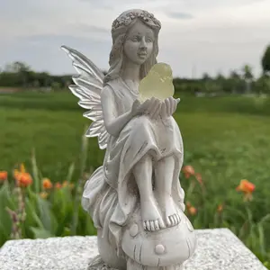 Estátua de resina para jardim, estátua de anjo orando, decoração para pátio externo, jardim, anjo branco com luz solar, estátua de adoração