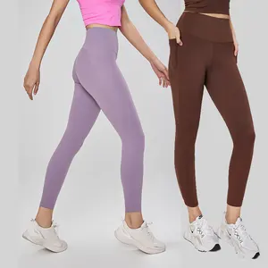 Calças de treino personalizadas de cintura alta por atacado, leggings para controle de barriga com bolsos, para ioga e academia, com cintura de spandex