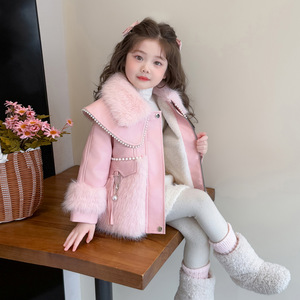 Cappotto da ragazza con collo di perle stampato in pelliccia sintetica con cerniera autunno inverno 2025 nuova moda coreana addensata <span class=keywords><strong>per</strong></span> bambine - Product Image 4