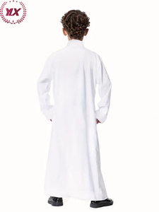 Abaya Artigianale Unica per Ragazzi Musulmani, Base Bianca con Finiture Marroni, in Poliestere, Lunghezza alla Caviglia, Maniche Lunghe per Piccoli Gentiluomini - Product Image 3
