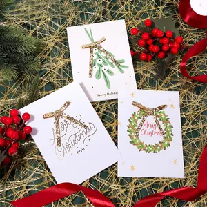 Guirlanda de Natal luxuosa em couro dourado com laço, cartões de Feliz Natal feitos à mão com impressão personalizada de envelope