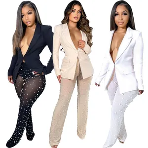 Ladies fashion sexy office women formal suits blazer jacket two piece pants set