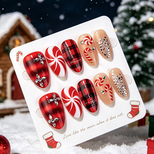 30Pcs Christmas Short Almond Wearable Nails Hand Painted Plaid Snowflake Gold Foil Rhinestone Press On Nail - Product Image 4