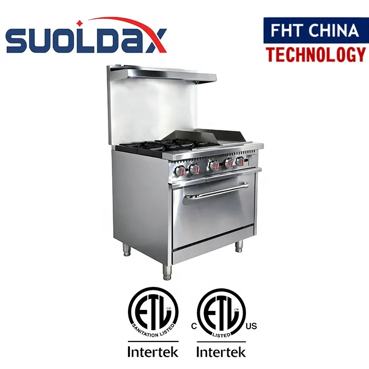 Suoldax FHT-CHINA ETL承認済みアメリカンタイプオープンホットプレート36 "ガスレンジ4バーナー、12" ガスグリドルおよび標準オーブン付き