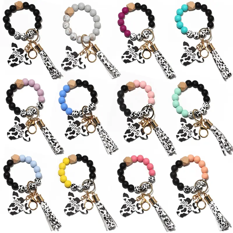 Landy Custom Leopard MAMA Wooden Cow Head Tag Key Chain Silicone Beads Wristlet Keychains