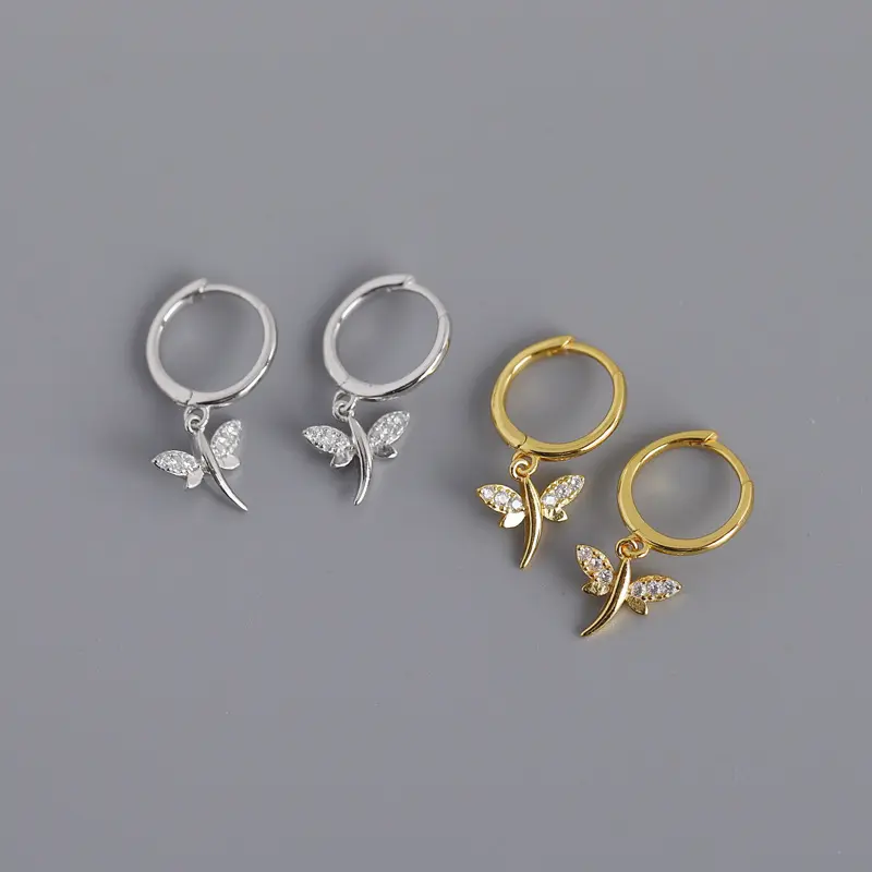 2022 Silver Jewelry 925 Sterling Silver Dragonfly Earrings Animal Pendant With Diamond Gold Plated Hoop Earrings for Women