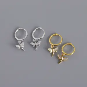 2022 Silver Jewelry 925 Sterling Silver Dragonfly Earrings Animal Pendant With Diamond Gold Plated Hoop Earrings for Women