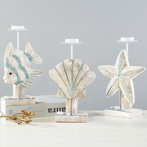Candelabro de Madera Estilo Mediterráneo con Decoración de Estrella de Mar, Concha y Pescado, Decoración para el Hogar, Material de Pino - Product Image 3