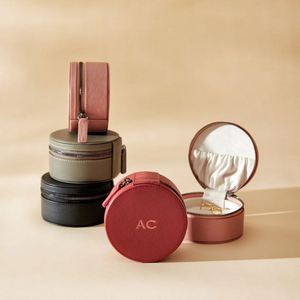 Boîte organisatrice en cuir véritable, petite, avec logo personnalisé, étui à bijoux rond de voyage - Product Image 1