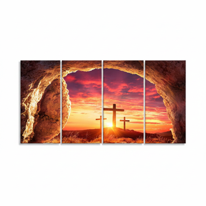 Paisaje con cruz cristiana y amanecer: obra de arte impresa en lienzo, diseño en vidrio templado, JUEGO DE 4 LIENZOS - Product Image 2