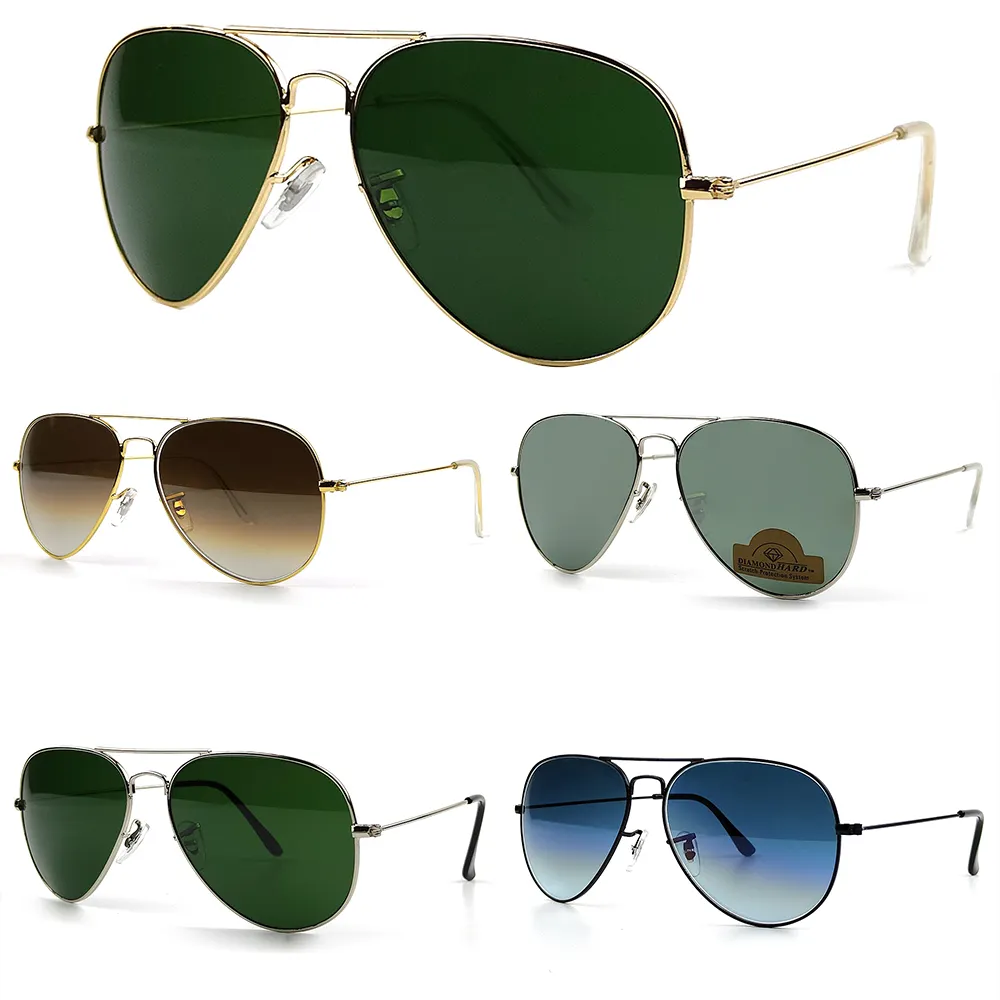 نظارات شمسية فاخرة لعدسات زجاجية للطيران شعار مخصص للعلامة التجارية مصمم للرجال والنساء نظارات شمسية بإطار من سبيكة UV400 ظلال قيادة عصرية